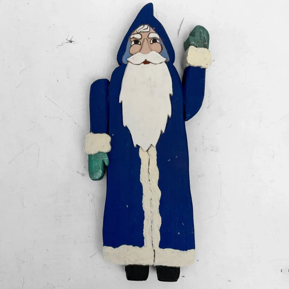 VTG Folk Art Hand Carved Wooden Blue Old World Santa Claus Figurine 12in